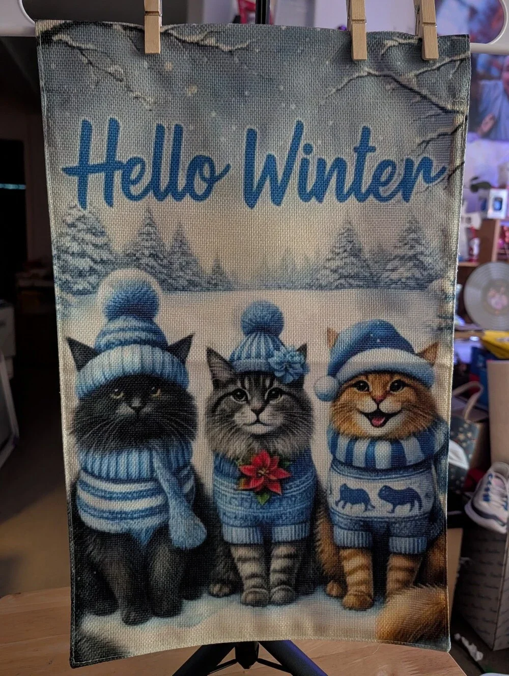 Hello Winter Cat Trio Flag Or Wall Decor